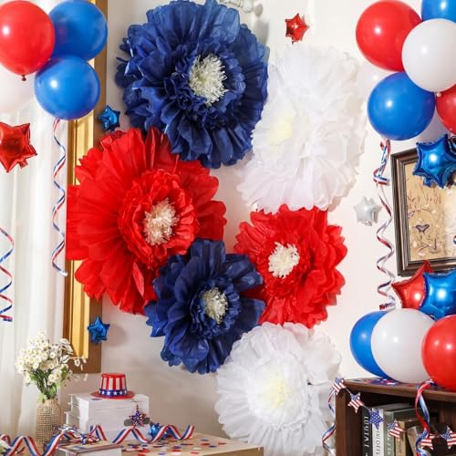 Giegxin 6 Pcs 31.5" 24" 4th of July Giant Crepe Paper Flowers 250th Red White Blue Paper Flowers America Patriotic Decorations USA Tissue Floral for Wall Independence Day Birthday Party Decor - color: Red,Blue,White, size: 31.5", 24"
