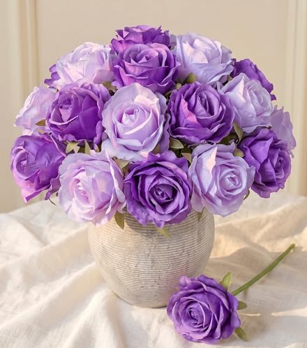 Ivydale 18pcs Violet Purple Roses Artificial Flowers, Fake Roses Silk Flowers with Stems Realistic Bouquet for Mother's Day Wedding Party Home Decoration DIY Centerpiece Floral Romantic Gifts - color: Rose-mixpurple