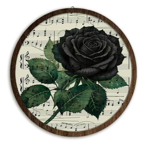 BIWSHA Vintage Halloween Black Rose Floral Wooden Wall Art Decor, Antique Gothic Dark Academia Floral Music Sheet Halloween Round Wall Hanging Decor for Home Bedroom Living Room, 10 Inch Diameter