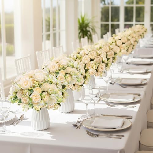 Peonies Artificial Flowers 12 Bundles Pink Flowers Bouquet, Lifelike Silk Fake Peonies with Stems for Home Table Centerpieces, Wedding, Party & DIY Bridal Floral Arrangements (Champagne) - color: Champagne