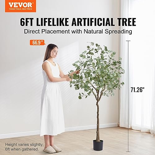 VEVOR Artificial Eucalyptus Tree, 6 FT Faux Plant, Secure PE Material & Anti-Tip Tilt Protection Low-Maintenance Plant, Lifelike Green Fake Potted Tree for Home Office Christmas Decor Indoor Outdoor - color: Eucalyptus Tree, size: 6ft