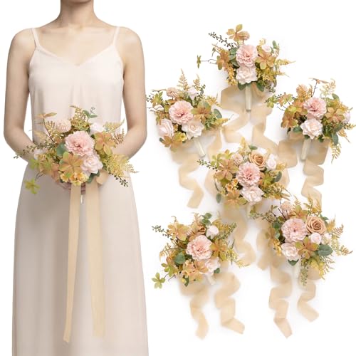 Ling's moment Artificial Bridesmaid Bouquets Set of 6,Sand Beige Wedding Flower Bouquets Pink Floral Bouquet Bridal Bouquets with Ribbon,Ceremony,Anniversary,7-inch Diameter - color: Pk-sand Beige
