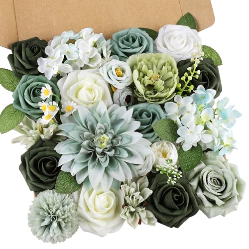 AmyHomie Forest Sage Green White Artificial Flowers Combo Silk Rose Fake Flowers w/Stem for DIY Wedding Bouquets Centerpieces Arrangements Table Decor Party Bridal Baby Shower Christmas Decorations - color: Forest Green