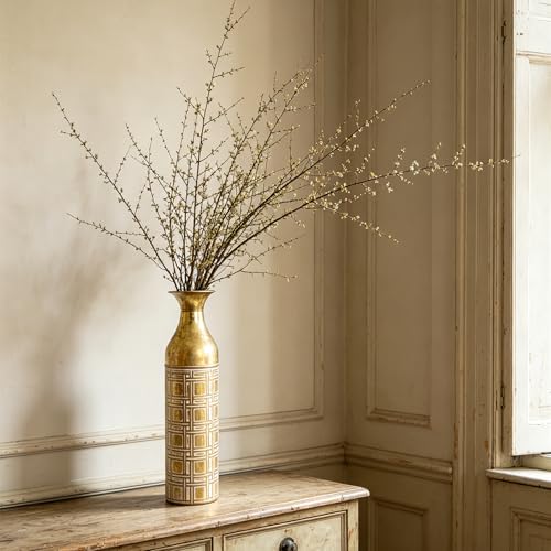 Hosley 16" Distressed Gold Cylinder Flower Vase with Etched White Geometric Grid Pattern for Home Decoration & Floral Arrangements - color: Gold White, size: 16" High