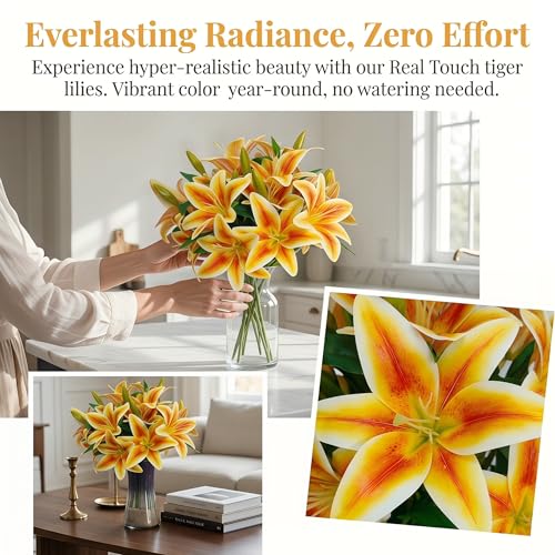 ATFL Artificial Lilies Flowers,9 Pcs Faux Lily Flowers,16''Tiger Lily Branches with 2 Full Blooms and 1 Bud,Faux Fake Lilies Plants for Wedding Bouquet Floral Arrangements (9, Orange) - color: Orange