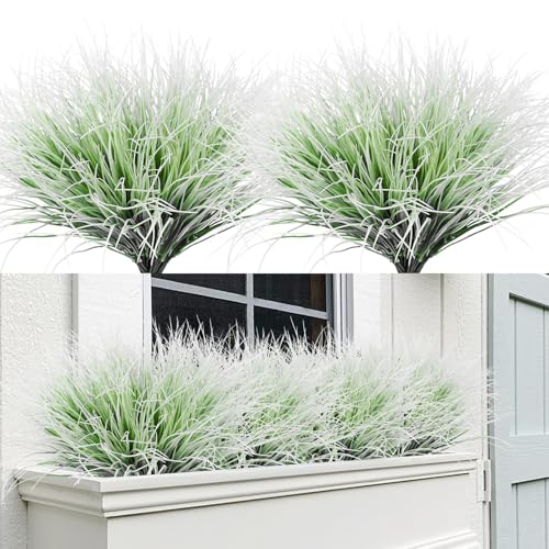 RECUTMS 12Pcs Artificial Grasses for Outdoor Planters Outdoor Greenery White Plastic House Plants Faux Grass for Planters Wedding Indoor Outside Garden Porch Home Office Window Box Decor(White) - color: White Grass