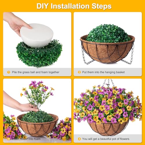 INXUGAO Artificial Silk Spring Flowers Hanging Basket for Outdoor Indoor, Daisy with Eucalyptus Leaves Arrangement for Yard Decor, Faux Green Plant in Metal Coconut Lining Pot(Purple Yellow) - color: Purplish Yellow