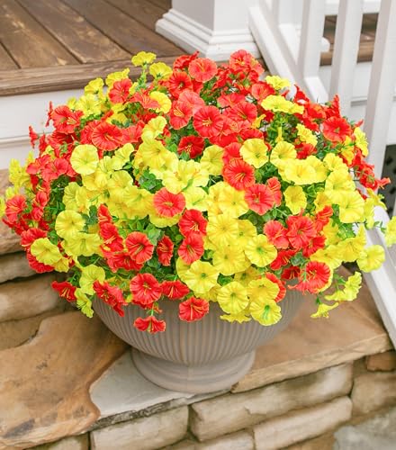 HyeFlora Artificial Flowers for Outdoors Fake Plants Outside Decoration, 12 Bundles Silk Colorful Morning Glory with Eucalyptus UV Resistant Realistic Faux Flowers for Planter Porch Patio Yard Garden - color: 2 Mixed(6 Yellow, 6 Orange)