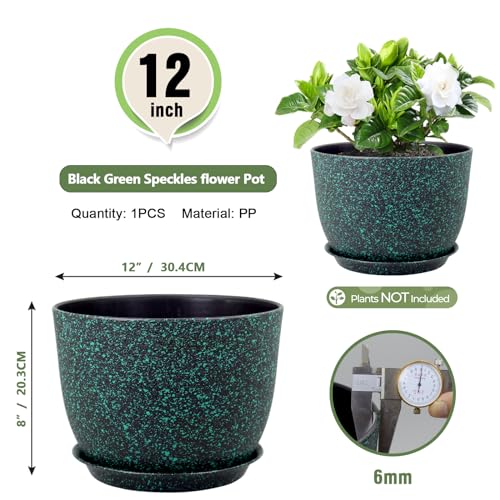 Meowell 12 inch Large Plant Pots, Plastic Planters with Drainage Holes and Saucers, Flower Pots for Indoor Outdoor Plants, Decorative Pots for Garden House Plants, Black with Green Speckles - color: Black With Green Speckles, size: 12inch C
