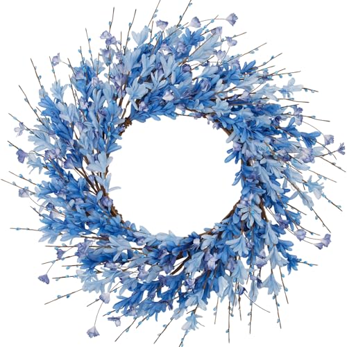 24 Inch Artificial Blue Forsythia Flower Wreath, Silk & Paper Bridal Floral Wreath for Front Door, Elegant Beach Nautical Themed Wedding & Spring Summer Decor, All Season Farmhouse Porch Wall Decor - color: Blue