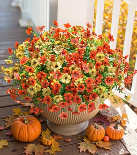 HyeFlora Artificial Fall Flowers Faux Mums for Outdoor Indoor Garden Home Decoration, Faux Flower Daisy with Eucalyptus Leaves Fake Mums Plants Greenery Boxwood Porch Patio, 12 Bundles (OrangeYellow) - color: Orangeyellow