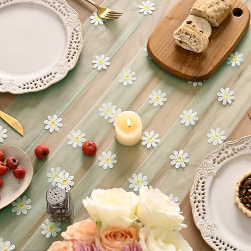 Artoid Mode Sage Green Daisy Gauze Embroidery Table Runner 120 Inch 10FT, Tulle Seasonal Spring Kitchen Dining Holiday Table Decor for Home Party - color: Sage Green