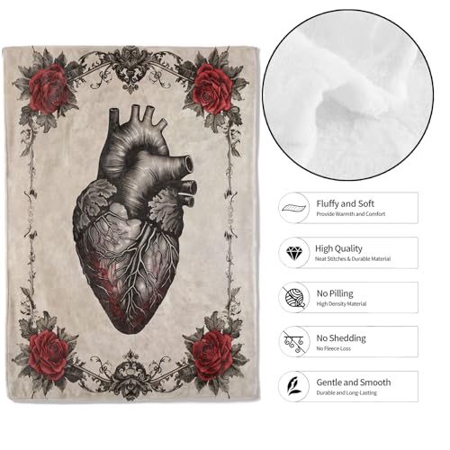 Gothic Anatomical Heart with Rose Throw Blanket,50x60in,Soft,Lightweight Flannel,Vintage Floral Retro Blankets - Gifts for Adult,for Couch Office Travel,Home Living Room Halloween Goth Decor - color: Horror 04, size: 50x60in