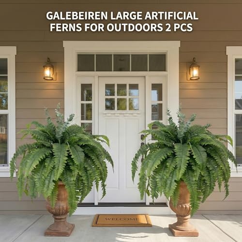 Artificial Ferns for Outdoors, 2 Pack 38IN Fake Ferns for Artificial Plants Large with 55 Fronds and 5 Long Eucalyptus Stems, Faux Ferns for Hanging Basket Porch Garden Home Decor