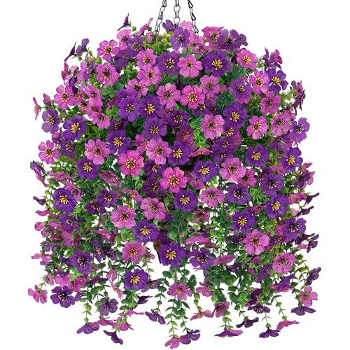HyeFlora Artificial Hanging Flowers Basket for Outdoor, Fake Flowers Faux Plants Look Real for Yard Gardens Porch Patio Home (Darkpurple+Purple) - color: Darkpurple+purple