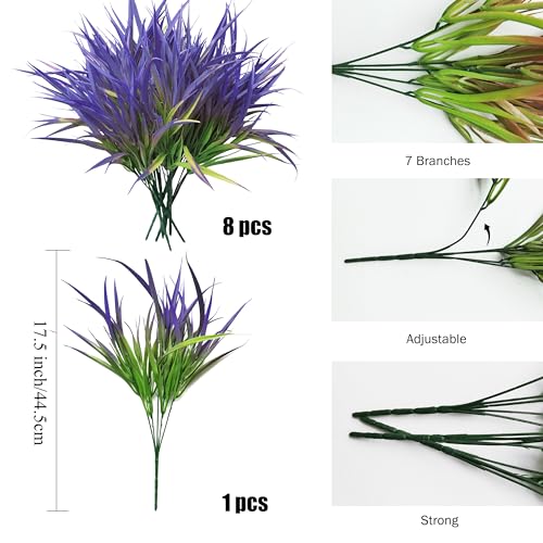 Outdoor Artificial Plants 8 Bundles Fake Plants Grass UV Resistant Fake Flowers Bush Greenery,17Inch Tall Faux Grass Shrubs for Home Porch Pathway Garden Décor Outside Indoor (Purple) - color: Purple