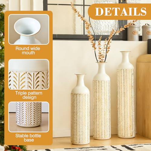Floor Vases, Tall Home Decor Metal Vase Set of 3 Large Glazed Decorative Vases for Wedding Decor, Elegant Modern Flower Holder for Living Room, Entryway, Hallway - color: Leaf White Gold