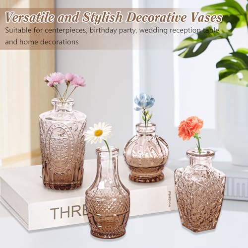 Set of 40 Glass Bud Vases, Small Amber Glass Vases in Bulk, Mini Vintage Embossed Flower Vase for Wedding, Centerpieces, Birthday Party, Baby Shower, Home Table Decorations (Amber) - color: Amber