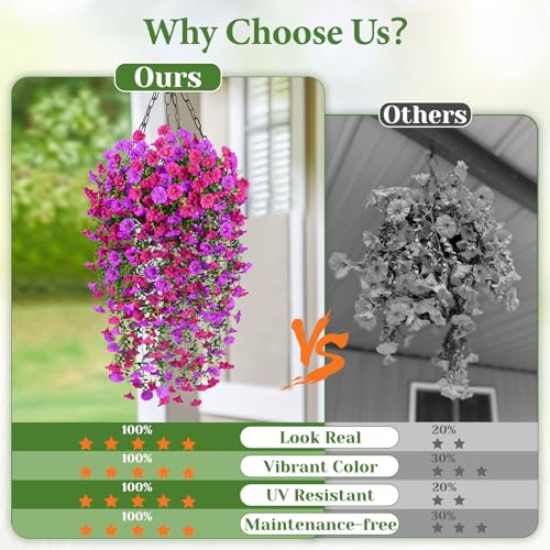 Artificial Hanging Flowers for Outdoors, Fake Hanging Flowers for Decoration, UV Resistant Artificial Outdoor Plants, 4 Pcs Morning Glory for Outdoors Garden Patio Porch Yard Decor, Purple & Fuchsia - color: Purple & Fuchsia, size: 4 Pack
