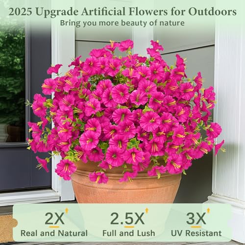 MARTINE MALL 24 Bundles Look Real Artificial Flowers for Outdoors, Realistic Fake Outdoor Flowers, UV Resistant Silk Petunia Flowers for Outside Faux Flowers Plants for Outdoor Porch, Fuchsia - color: Fuchsia, size: 24 Bundles