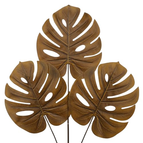 DILATATA Artificial Monstera Leaves with Stems 28" Fall Faux Tropical Leaf Orange Silk Monstera Leaves Fake Palm Branches for Home Fireplace Farmhouse Centerpieces Thanksgiving Wedding Autumn Décor - color: 28" Monstera#orange Silk 3pcs