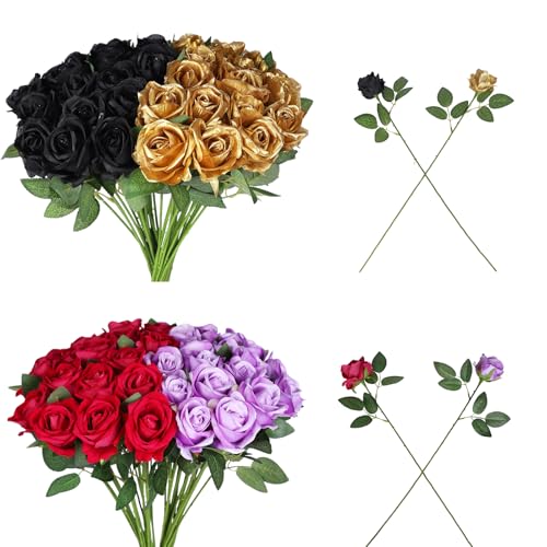 40 PCS Artificial Flowers Fake Roses with Long Stem Realistic Artificial Flowers Bulk for Wedding Party Home Bathroom Kitchen Decor (Rose+Purple) - color: Rose+purple
