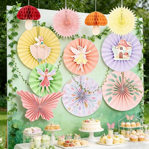 EASY JOY Fairy First Birthday Decorations Fairy Party Decors Fairy Paper Fan Set Pastel Paper Fans Butterfly Fans with Vines Hanging Mushroom Honeycomb for Baby Shower Birthday Tea Party Garden Forest - color: Fairy