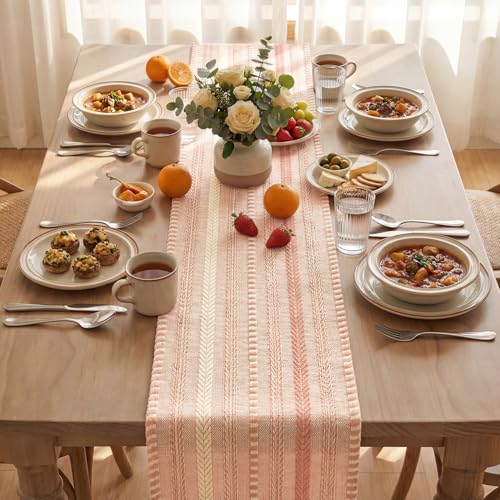 Artoid Mode Pink Farmhouse Woven Table Runner, Seasonal Holiday Rustic Kitchen Dining Table Decoration for Home Party Decor 12x72 Inch - color: Pink, size: 12" x 72", Table Runner