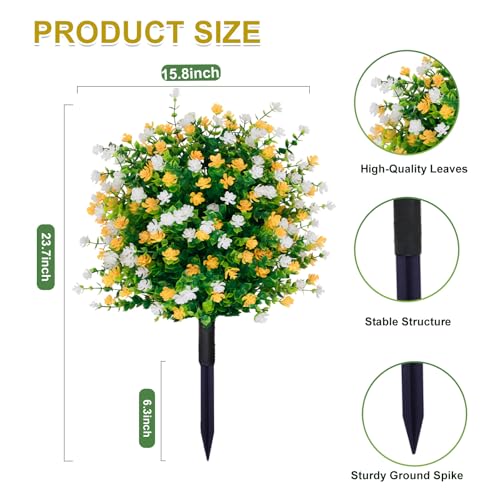 Outdoor Artificial Flowers Topiary Ball Tree with Stake,2Pack Spring Fake Boxwood Topiary Ball Faux Greenery Shrubs,Realistic UV Resistant Fake Plants Bushes for Indoor Front,Diameter15.8 - color: White+yellow