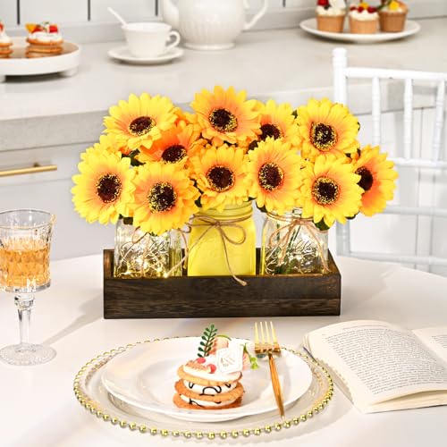 BLEUM CADE Centerpiece Table Decorations - Mason Jar Lights Centerpiece for Kitchen Dining Table Farmhouse Coffee Table Wedding Home Decor with 3 Jars Sunflowers Artificial Flowers & Wood Tray - color: Yellow-sunflower