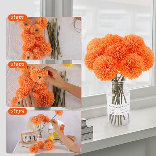 Rowfad 12 Pcs Artificial Chrysanthemums Fall Flowers Silk Orange Marigolds Flowers Fake Mums Flower for Autumn Dia de Los Muertos Diwali Day of The Dead Home Decor (12, Orange) - color: Orange