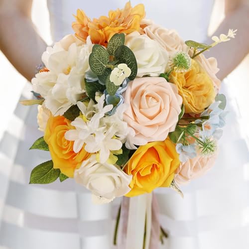 Artificial Flowers Combo Box Set Artificial Bouquets Wedding Flowers Faux Orange Flowers Roses with Stems for Wedding Centerpieces Party Home Decor - color: Orange