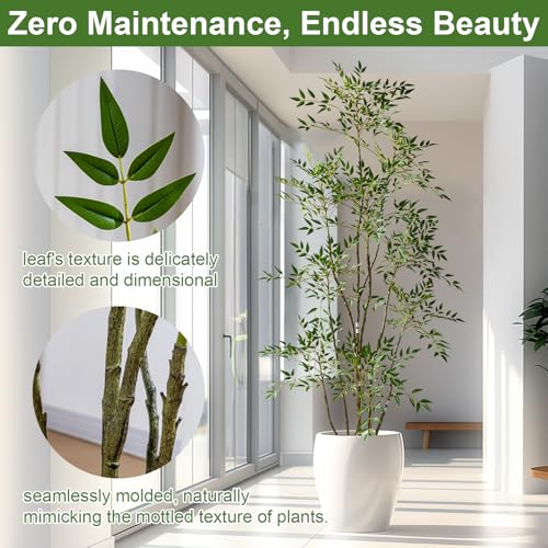 7.2ft Faux Bamboo Tree Artificial Nandina Tree Artificial Indoor Plants Realistic Fake Potted Tree with 800+ Leaves, Cement Planter - Home Office Decor Perfect for Housewarming Gift Non-Toxic - color: Green, size: 7ft 2in