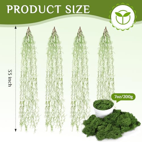 4 Pcs 33 Inch Fake Spanish Moss with 7 oz Artificial Green Moss for Potted Plants Indoor Hanging Garland Greenery Faux Vines Plants Faux Seaweed Greenery for Crafts DIY Garden Home Decor