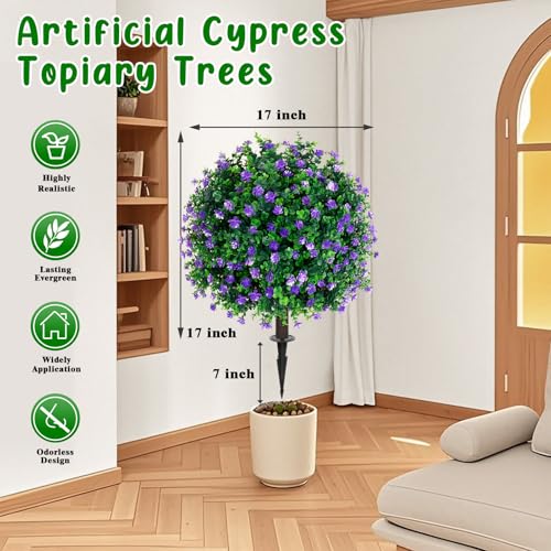 Grooy Artificial Boxwood Topiary Tree with Flower, Set of 2 Artificial Shrub Bushes with Ground Spike, Fake Evergreen Tree for Porch, Artificial Plants for Outdoor Planters Indoor UV Resistant - color: Purple Flower