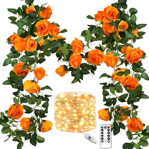 FiveSeasonStuff 29 Ft 4 Pack Mandarin Orange Rose Silk Flower Garland Artificial Flowers Decoration Hanging Floral with 66 feet String Lights - color: Mandarin Orange With String Lights
