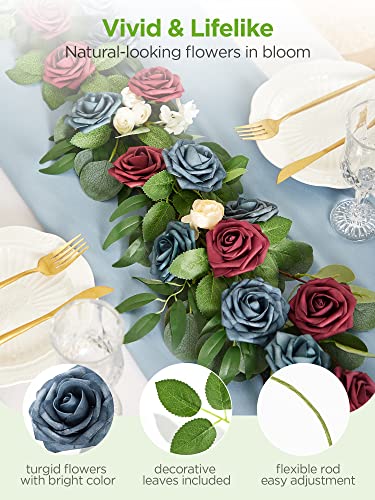 InnoGear Artificial Flowers, 50 Pcs Dusty Blue Shades Foam Fake Roses Bulk with Stems for Decoration DIY Wedding Bouquets Centerpieces Bridal Shower Party Christmas Tree - color: Dusty Blue Shades