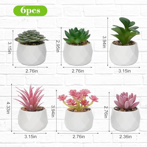 Artificial Succulents, Set of 6, White Plastic Pots | Small Fake Desk Plants, Realistic Succulent Plants, For Shelf Bedroom Balcony Windowsills Office Room Decor