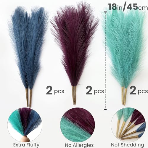 Pampas Grass Decor, Fluffy Faux Pampas Grass 6 Stem 18"/45cm Pompous Grass Small Flower Arrangement and Vase Filler for Boho Home Wedding Decoration - color: Lake Green& Deep Purple& Peacock Blue