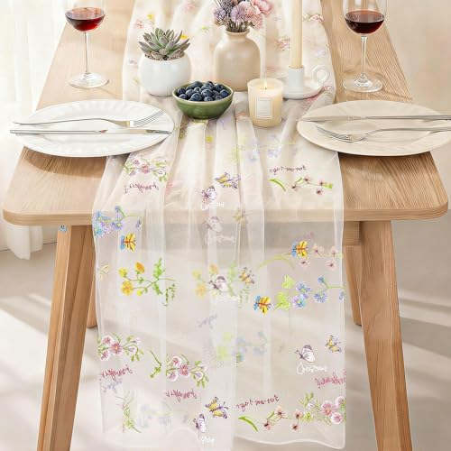 AerWo Embroidery Sage Floral Table Runner 120 Inch 10FT, White Floral Runners for Tables Flower Decorations for Party, Flower Runner for Table Kitchen & Dining, Party and Event Centerpiece