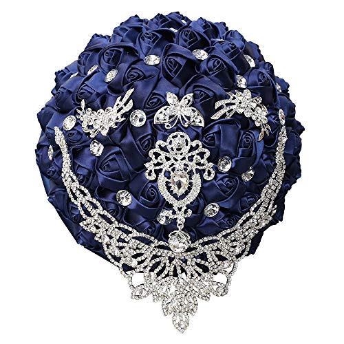 Handmade Luxury Wedding Bridal Bouquet Large Silk Rose Holding Toss Artificial Flowers Bouquets with Satin Ribbon Pearls Rhinestone for Bride Vintage Royal Wedding Bouquet (Navy Blue) - color: Navyblue