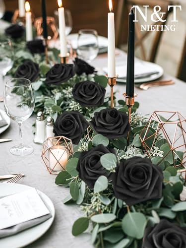 N&T NIETING Artificial Flowers Black Rose 50pcs Real Touch Flowers with Stems Perfect for for DIY Bouquets Wedding Party Baby Shower Home Arrangement Party Tables Decoration - color: Black, size: 50pcs