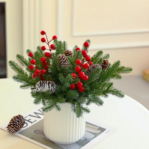 13 Inch Artificial Norfolk Pine Branches with Red Berry in a White Ceramic Pot,Christmas Greenery with Lights Pine Cones for Xmas Kitchen Living Room Tabletop Decor (40 Pcs) - color: Ceramic Pot&norfolk Pine