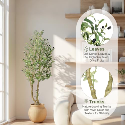 HZXGCP Olive Tree 5ft, Artificial Olive Tree with White Pot, Fake Tree with 1152 Dense Leaves & 64 High-Simulated Olive Fruits - Easy Assembly, Low Maintenance (Olive Tree 5ft) - color: Olive Tree 5ft
