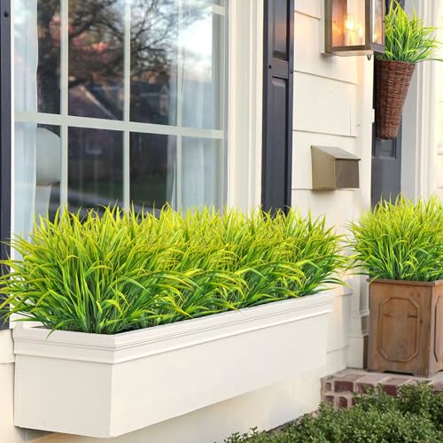 Ouddy Decor 16 Bundles Artificial Plants Outdoor Fake Grass Greenery Stems UV Resistant Faux Plastic Plants Shrubs for Spring Summer Garden Pathway Window Box Farmhouse Front Porch Home Decor, Yellow - color: Yellow