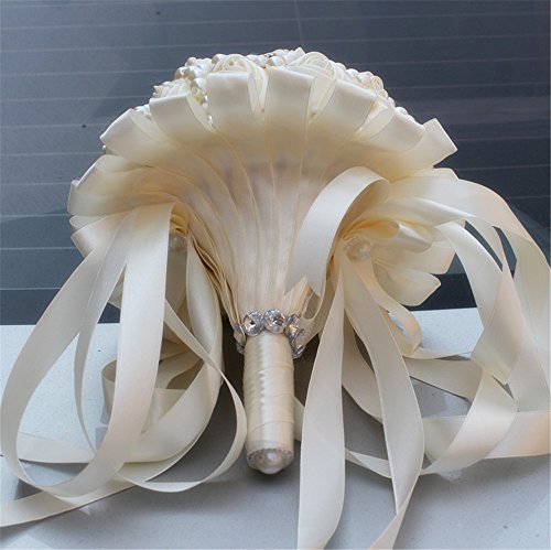 USIX Handcraft Popular Satin Rose Rhinestone Brooch Flower Pearl Bridal Holding Wedding Bouquet Wedding Flower Arrangements Bridesmaid Bouquet(Ivory) - color: Ivory