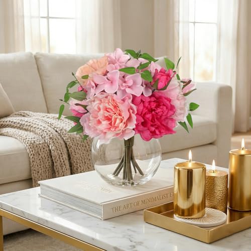 Artificial Flower in Vase, Faux Silk Flowers Arrangement Peony Hydrangea Poppy Eucalyptus Bouquet with Faux Water, Fake Floral Centerpiece for Dining Table Home Decor Wedding Office Shelf - Pink - color: Hot Pink