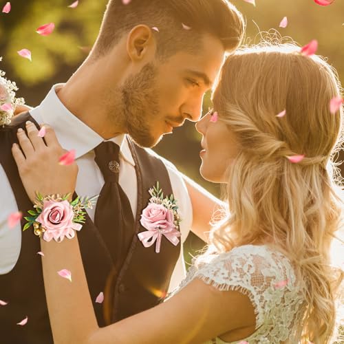 2 Pcs Pink Rose Wrist Corsage and Boutonniere Set, Rose Corsage Hand for Women, Boutonniere for Men Wedding Artificial Flowers Accessories Prom Decor, Wedding Party Accessories (Pink) - color: Pink