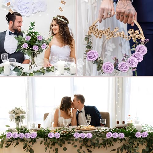 200PCS Lilac Realistic Roses - Artificial Latex Foam Flowers with Bendable Stems & 100PCS Leaves for Wedding, Home and Party DIY Decor - color: Lilac, size: 200