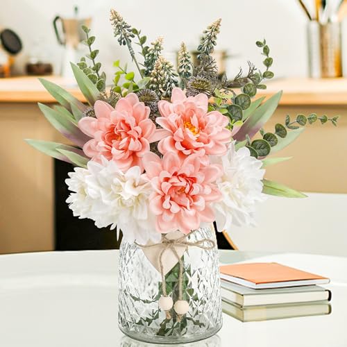 Der Rose Fake Flowers in Vase Silk Artificial Pink Flowers Arrangements with Glass Vase for Dinning Coffee Table Centerpieces Home Kitchen Farmhouse Wedding Decor - color: Pink
